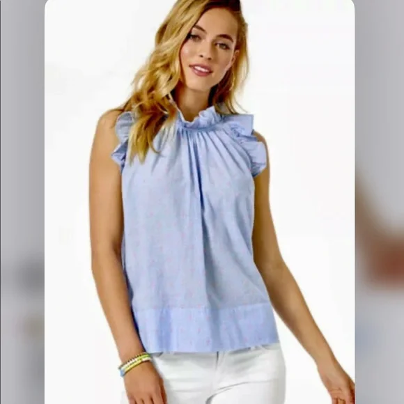 BNWT Lilly Pulitzer Kirsten Top. bluebell chambray/neon pink clip dot. Sz XL - Picture 5 of 5